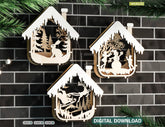 House Shape New Year Theme 3D Christmas Ornament Set Tree Decorations Craft Hanging Bauble Snowy Scene Laser Cut Digital Download |#U514|