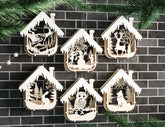House Shape New Year Theme 3D Christmas Ornament Set Tree Decorations Craft Hanging Bauble Snowy Scene Laser Cut Digital Download |#U514|