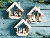 House Shape New Year Theme 3D Christmas Ornament Set Tree Decorations Craft Hanging Bauble Snowy Scene Laser Cut Digital Download |#U515| VectorPort
