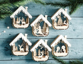 House Shape New Year Theme 3D Christmas Ornament Set Tree Decorations Craft Hanging Bauble Snowy Scene Laser Cut Digital Download |#U515| VectorPort