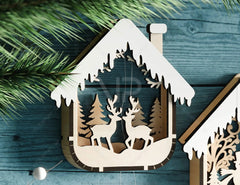 House Shape New Year Theme 3D Christmas Ornament Set Tree Decorations Craft Hanging Bauble Snowy Scene Laser Cut Digital Download |#U515| VectorPort
