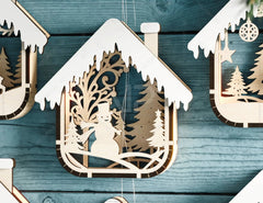 House Shape New Year Theme 3D Christmas Ornament Set Tree Decorations Craft Hanging Bauble Snowy Scene Laser Cut Digital Download |#U515| VectorPort