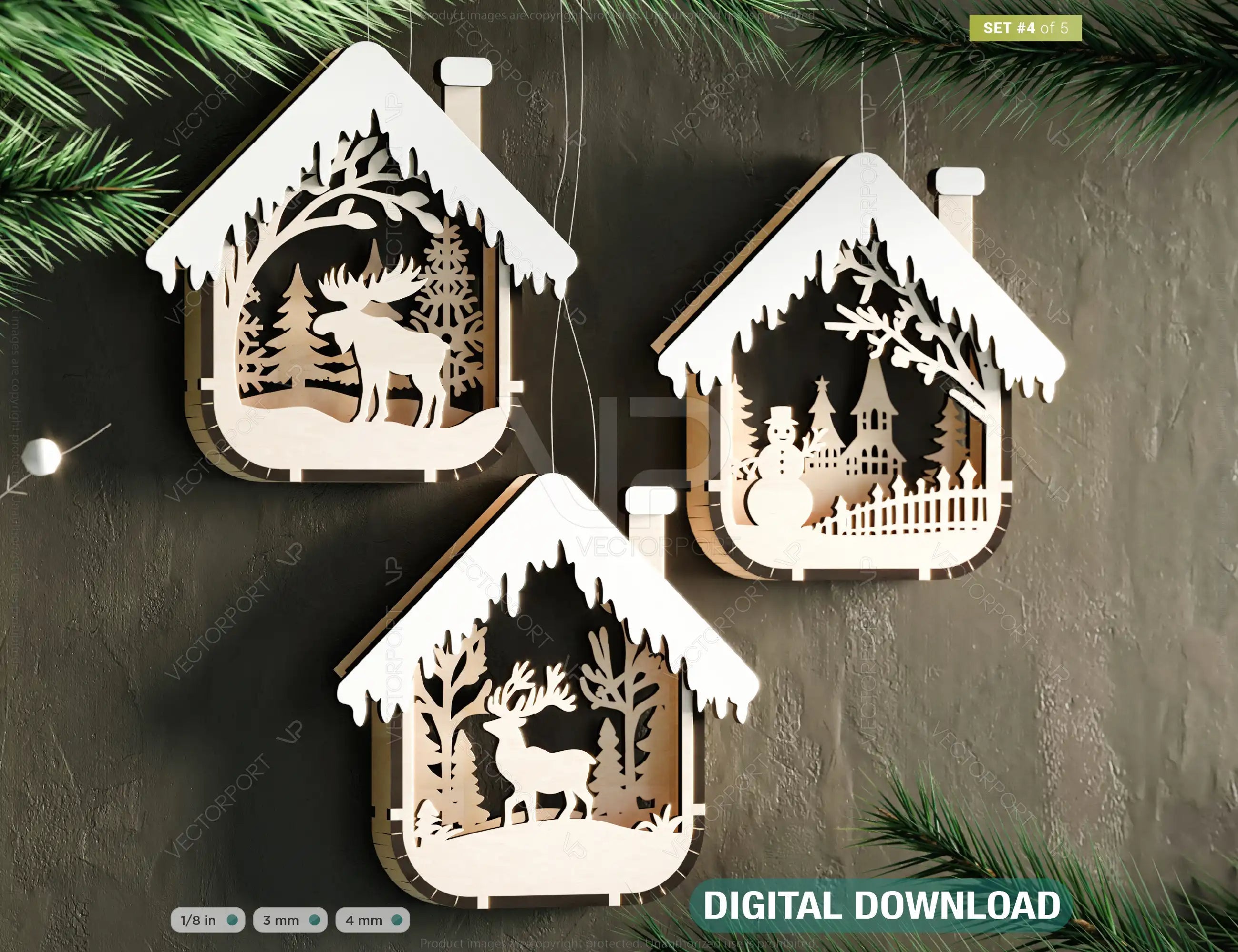 House Shape New Year Theme 3D Christmas Ornament Set Tree Decorations Craft Hanging Bauble Snowy Scene Laser Cut Digital Download |#U516| VectorPort