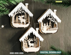 House Shape New Year Theme 3D Christmas Ornament Set Tree Decorations Craft Hanging Bauble Snowy Scene Laser Cut Digital Download |#U516|