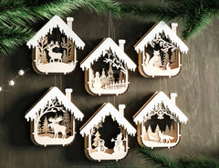 House Shape New Year Theme 3D Christmas Ornament Set Tree Decorations Craft Hanging Bauble Snowy Scene Laser Cut Digital Download |#U516|