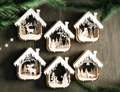 House Shape New Year Theme 3D Christmas Ornament Set Tree Decorations Craft Hanging Bauble Snowy Scene Laser Cut Digital Download |#U516| VectorPort