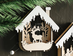 House Shape New Year Theme 3D Christmas Ornament Set Tree Decorations Craft Hanging Bauble Snowy Scene Laser Cut Digital Download |#U516|