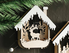 House Shape New Year Theme 3D Christmas Ornament Set Tree Decorations Craft Hanging Bauble Snowy Scene Laser Cut Digital Download |#U516| VectorPort