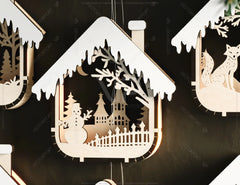 House Shape New Year Theme 3D Christmas Ornament Set Tree Decorations Craft Hanging Bauble Snowy Scene Laser Cut Digital Download |#U516|