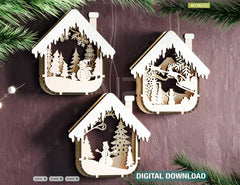 House Shape New Year Theme 3D Christmas Ornament Set Tree Decorations Craft Hanging Bauble Snowy Scene Laser Cut Digital Download |#U517|