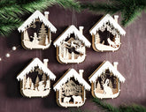 House Shape New Year Theme 3D Christmas Ornament Set Tree Decorations Craft Hanging Bauble Snowy Scene Laser Cut Digital Download |#U517|