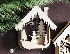 House Shape New Year Theme 3D Christmas Ornament Set Tree Decorations Craft Hanging Bauble Snowy Scene Laser Cut Digital Download |#U517|