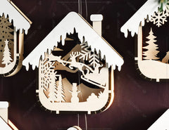 House Shape New Year Theme 3D Christmas Ornament Set Tree Decorations Craft Hanging Bauble Snowy Scene Laser Cut Digital Download |#U517|