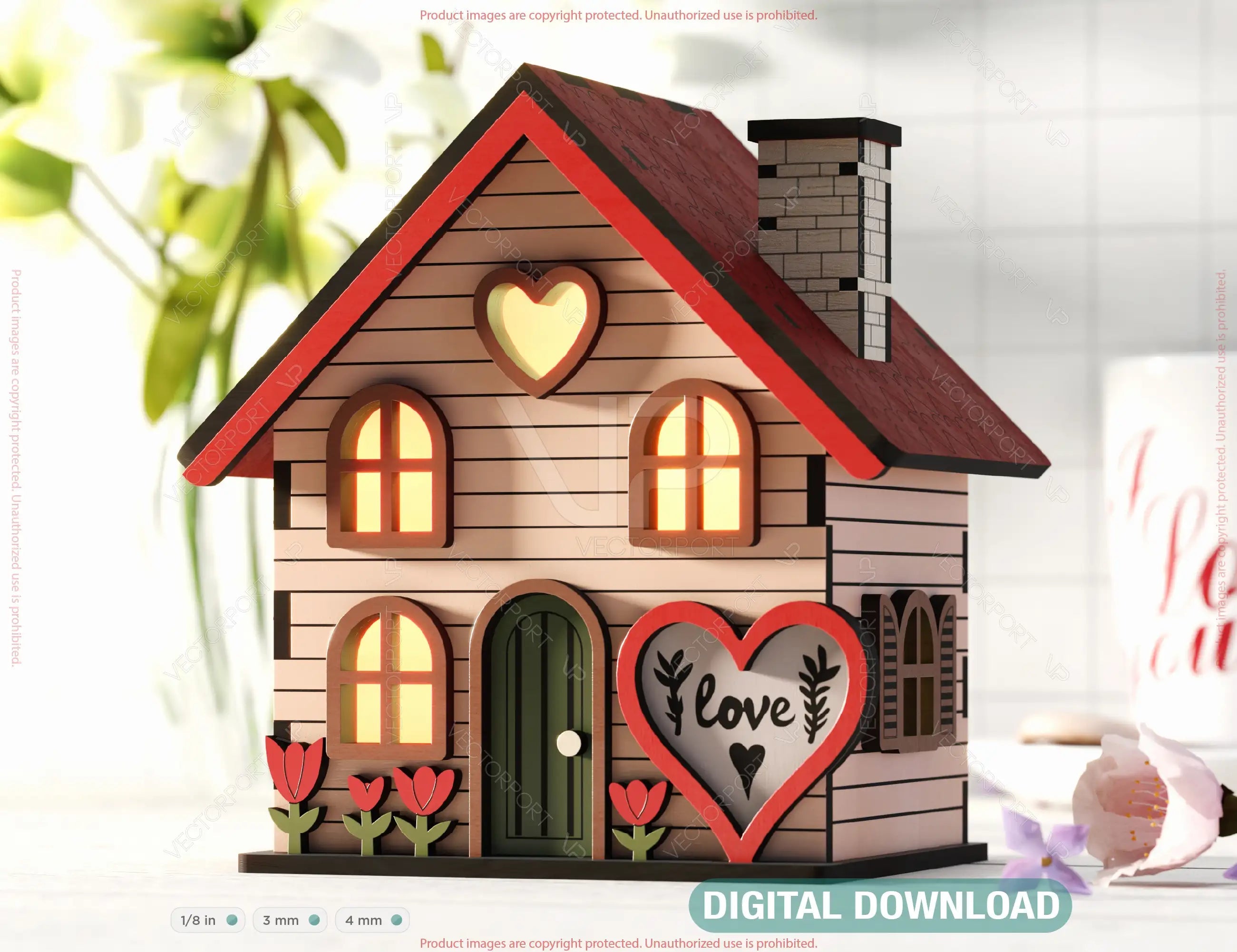 Love Blooms: Miniature Village Garden House with Heartfelt Landscape & Floral Accents – Perfect Valentine’s Day Laser Cut Gift Digital Download |#U529| VectorPort