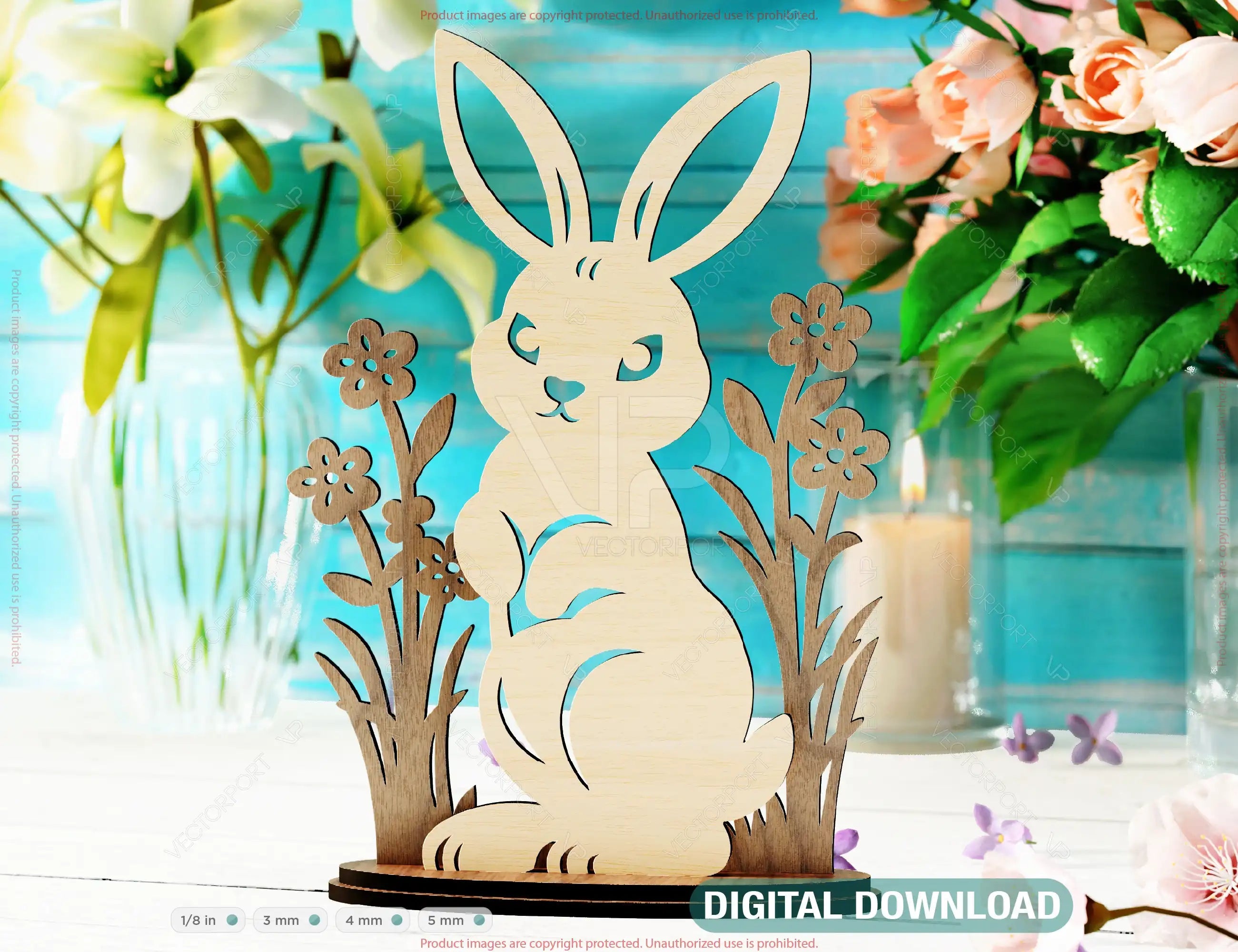 Floral Bunny Delight: Easter Laser-Cut Standing Rabbit with Flowers - SVG Digital Download |#U530| VectorPort