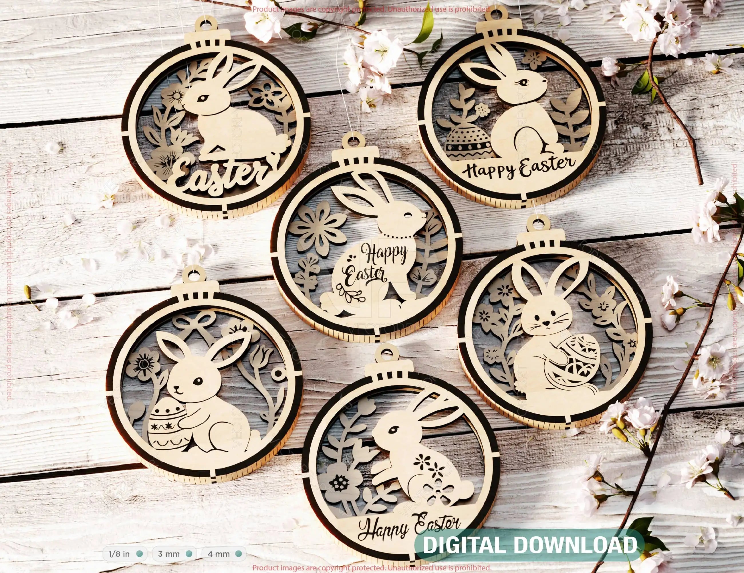 3D Easter Hanging Ornaments Laser Cut Egg Rabbits SVG layered Decor, Floral Bunny multilayer Digital Download |#U536| VectorPort