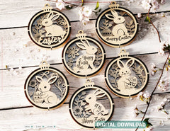 3D Easter Hanging Ornaments Laser Cut Egg Rabbits SVG layered Decor, Floral Bunny multilayer Digital Download |#U536|