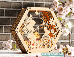 Magical Easter: Hexagon Table Lamp with Bunny & Fairy Shadows - LED Night Light Lantern Candle Holder Digital Download |#U537|