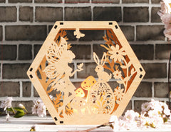 Magical Easter: Hexagon Table Lamp with Bunny & Fairy Shadows - LED Night Light Lantern Candle Holder Digital Download |#U537|