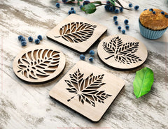 Leaf-Shaped Laser Cut Coasters: Elegant Wooden Drink Coasters with Nature-Inspired Design – Digital Download |#U548|