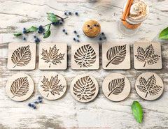 Leaf-Shaped Laser Cut Coasters: Elegant Wooden Drink Coasters with Nature-Inspired Design – Digital Download |#U548|