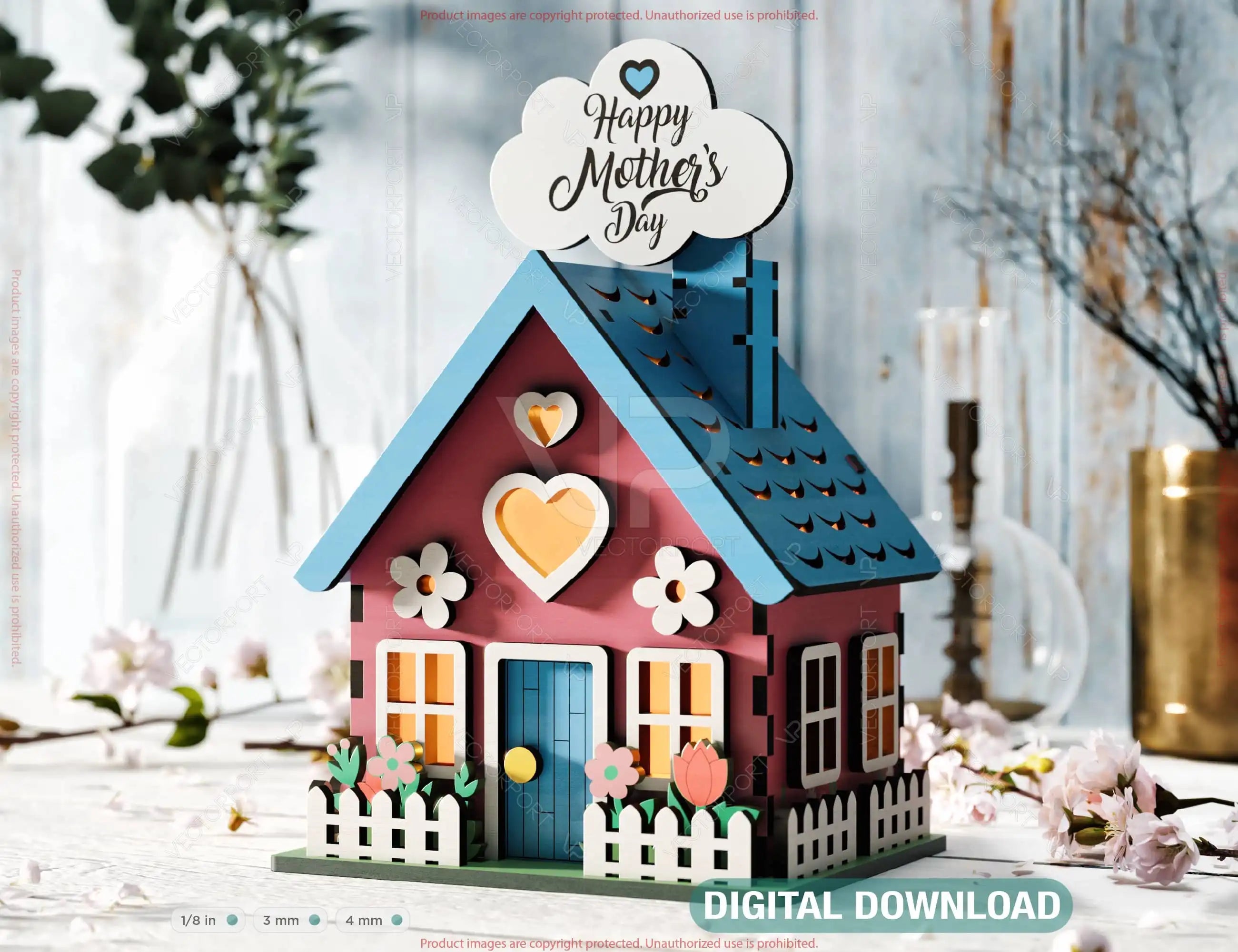 Cloudy Miniature Spring House Village - Garden Cottage with Blossoms & Nature Scene Customizable Text Laser Cutting Digital Download |#U550| VectorPort