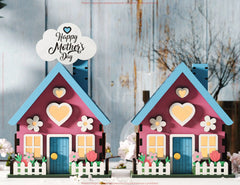 Cloudy Miniature Spring House Village - Garden Cottage with Blossoms & Nature Scene Customizable Text Laser Cutting Digital Download |#U550|