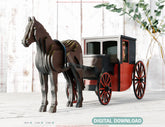 Vintage Four-Wheeled Horse Carriage Laser Cut 3D Wagon Construction Kit Wooden DIY Model Digital Download |#U557|