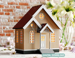Wooden House – Miniature House Village DIY 3D Model with Glowing Windows, Perfect for Home Decor & Gifts Laser Cutting Digital Download |#U561|