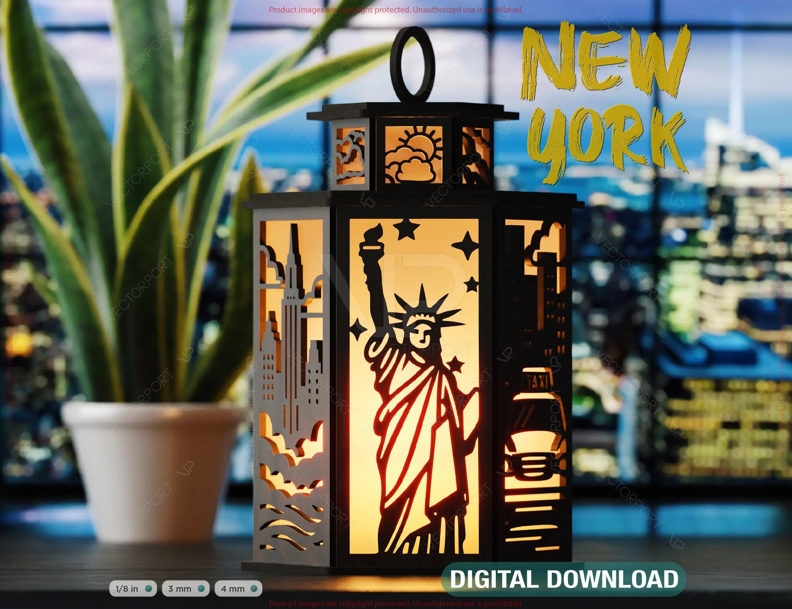 New York City Laser Cut Table Lamp Panels – Statue of Liberty, Skyscrapers & Taxi NYC Skyline Light Box SVG Digital Download |#U572| VectorPort