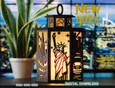 New York City Laser Cut Table Lamp Panels – Statue of Liberty, Skyscrapers & Taxi NYC Skyline Light Box SVG Digital Download |#U572|