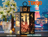Tokyo Skyline Laser Cut Table Lamp Panels – Japanese Cityscape with Tower, Sakura, and Street Life Digital Download |#U576|