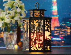 Tokyo Skyline Laser Cut Table Lamp Panels – Japanese Cityscape with Tower, Sakura, and Street Life Digital Download |#U576|