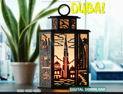 Dubai Skyline Laser Cut Table Lamp Panels – Burj Khalifa, Palm Island, Desert Scene SVG Digital Download |#U577|
