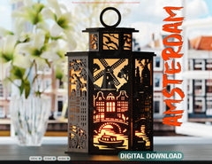 Amsterdam Laser Cut Table Lamp – Canal Houses, Bicycles, Windmill SVG Digital Download |#U579|