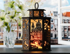 Amsterdam Laser Cut Table Lamp – Canal Houses, Bicycles, Windmill SVG Digital Download |#U579|