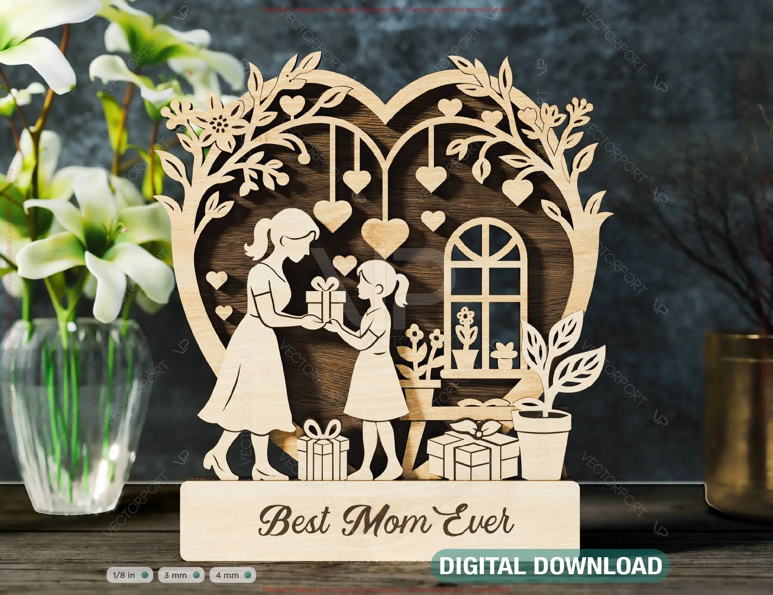 Mother’s Day 3D Laser Cut Wooden Scene – Mom and Daughter | Son Heart Frame Gift Display – Standing Layered SVG Design Digital Download |#U586| VectorPort