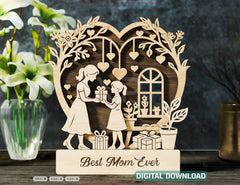 Mother’s Day 3D Laser Cut Wooden Scene – Mom and Daughter | Son Heart Frame Gift Display – Standing Layered SVG Design Digital Download |#U586|