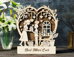 Mother’s Day 3D Laser Cut Wooden Scene – Mom and Daughter | Son Heart Frame Gift Display – Standing Layered SVG Design Digital Download |#U586|