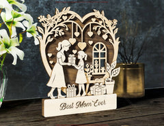 Mother’s Day 3D Laser Cut Wooden Scene – Mom and Daughter | Son Heart Frame Gift Display – Standing Layered SVG Design Digital Download |#U586|