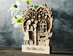 Mother’s Day 3D Laser Cut Wooden Scene – Mom and Daughter | Son Heart Frame Gift Display – Standing Layered SVG Design Digital Download |#U586|
