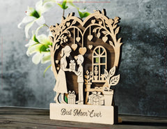 Mother’s Day 3D Laser Cut Wooden Scene – Mom and Daughter | Son Heart Frame Gift Display – Standing Layered SVG Design Digital Download |#U586| VectorPort
