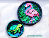 Flamingo and Turtle Layered Design | Round 3D Animal SVG | Laser Cut Shadow Box Digital Download |#U594| VectorPort