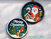 Christmas Layered Design | Round 3D Winter Scene with Santa, Snowman SVG | Laser Cut Shadow Box Digital Download |#U597|