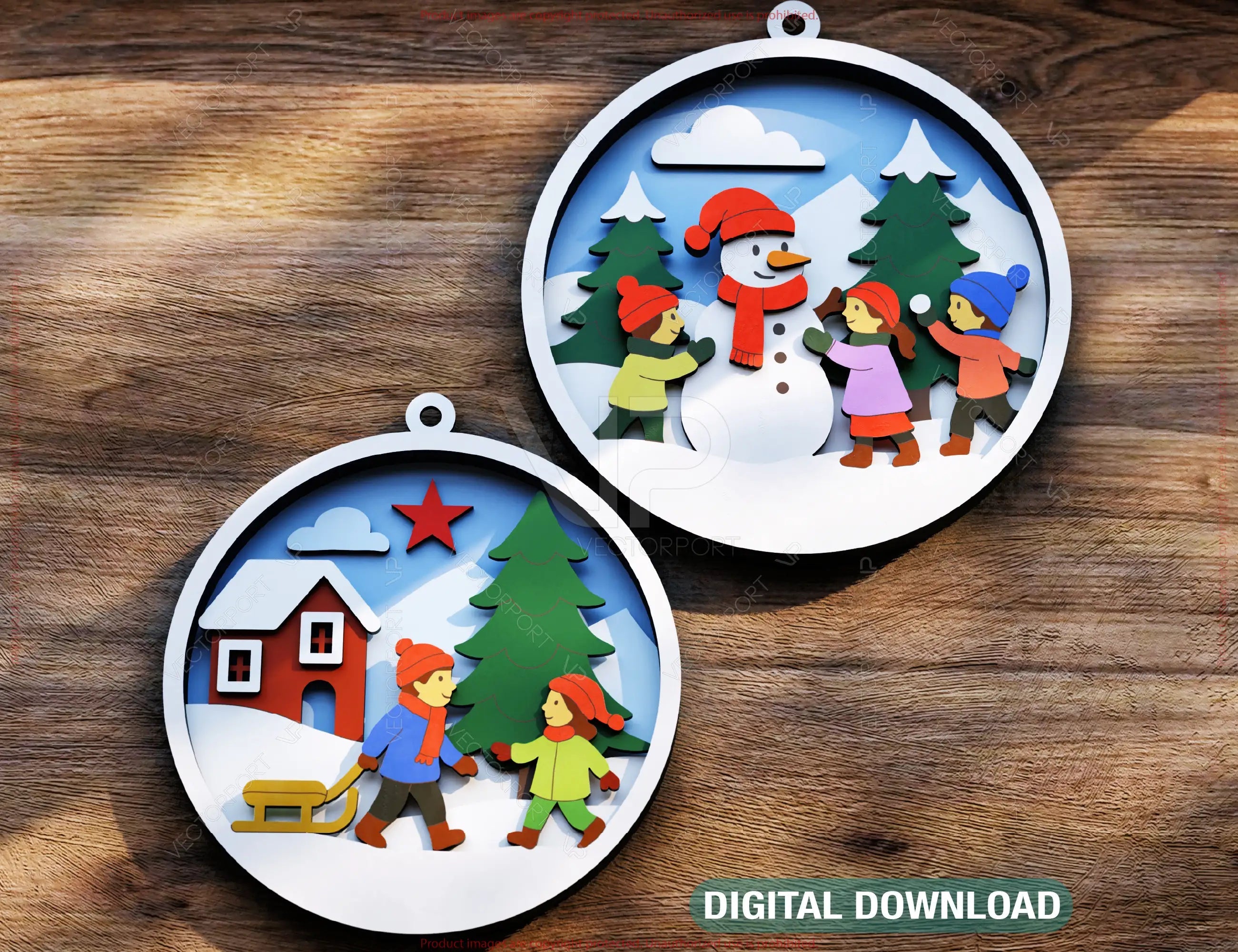 Kids Playin Snowball Christmas Ornament, Round 3D Winter Scene with Snowman SVG Laser Cut Shadow Box Digital Download |#U598| VectorPort