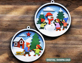 Kids Playin Snowball Christmas Ornament, Round 3D Winter Scene with Snowman SVG Laser Cut Shadow Box Digital Download |#U598| VectorPort