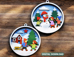 Kids Playin Snowball Christmas Ornament, Round 3D Winter Scene with Snowman SVG Laser Cut Shadow Box Digital Download |#U598|