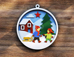 Kids Playin Snowball Christmas Ornament, Round 3D Winter Scene with Snowman SVG Laser Cut Shadow Box Digital Download |#U598|