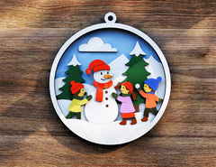 Kids Playin Snowball Christmas Ornament, Round 3D Winter Scene with Snowman SVG Laser Cut Shadow Box Digital Download |#U598|