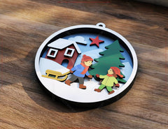 Kids Playin Snowball Christmas Ornament, Round 3D Winter Scene with Snowman SVG Laser Cut Shadow Box Digital Download |#U598|